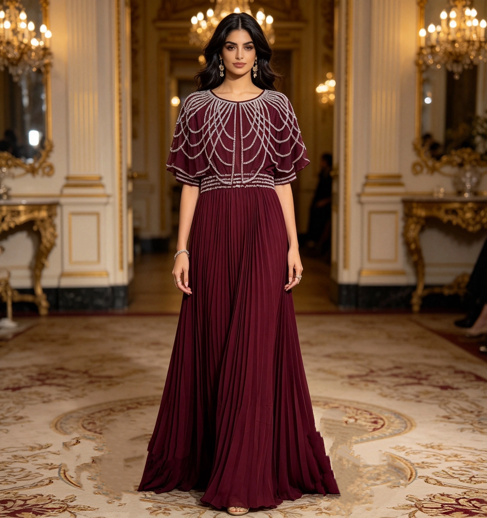Robe de soirée musulmane vintage, ornée de strass, avec cape en maille transparente, plissée, longueur maxi, robe islamique pour femmes .